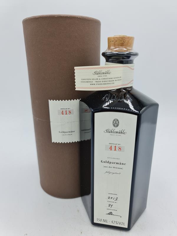 Stählemühle Christoph Keller - Apfelbrand Goldparmäne 'Aus der Ortenau' Jahrgang 2013 Destillat N°418 Flasche N°34 350ml 42% alc by vol in Verpackung