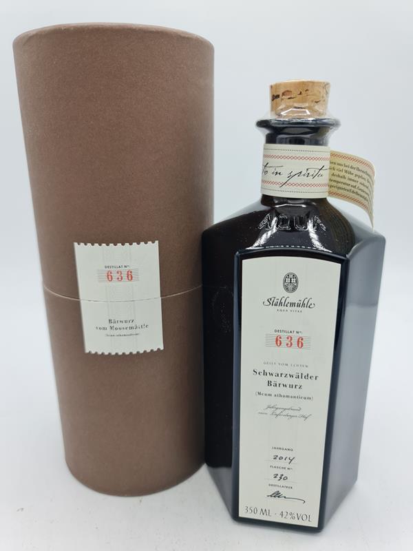 Stählemühle Christoph Keller - Geist vom echten Schwarzwälder Bärwurz 'Meum athamanticum' Jahrgang 2014 Destillat N°636 Flasche N°230 350ml 42% alc by vol in Verpackung