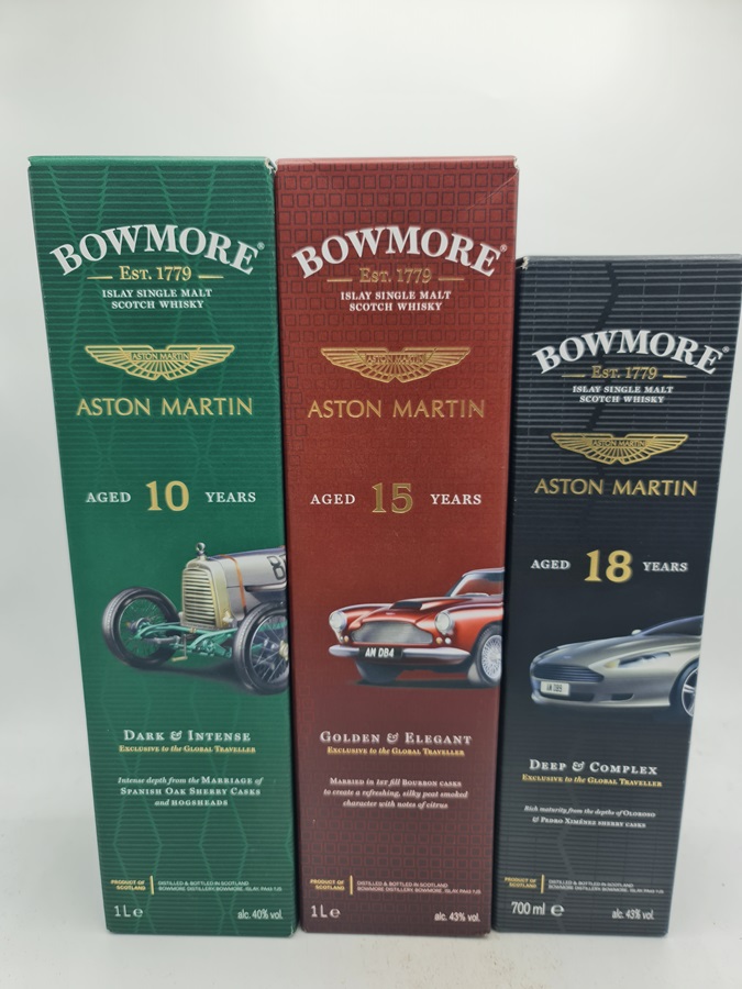 Bowmore Aston Martin Edition FULL SERIES of 3 bottles 18 15 10 Years Old 43% alc. by vol. 2500ml