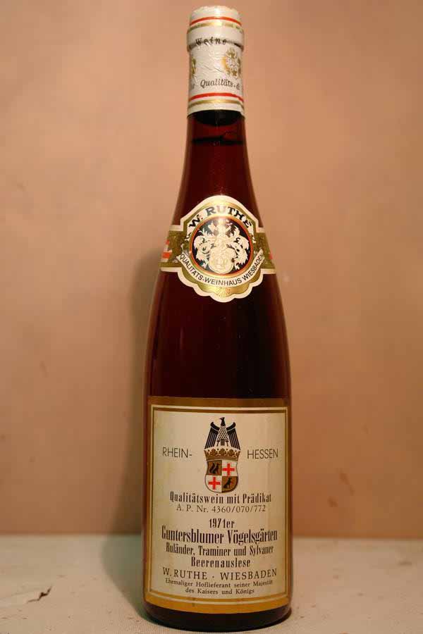 W. Ruthe Hoflieferant seiner Majestät des Kaisers und Königs - Gunterblumer Vögelsgärten Ruländer Traminer und Sylvaner Beerenauslese 1971