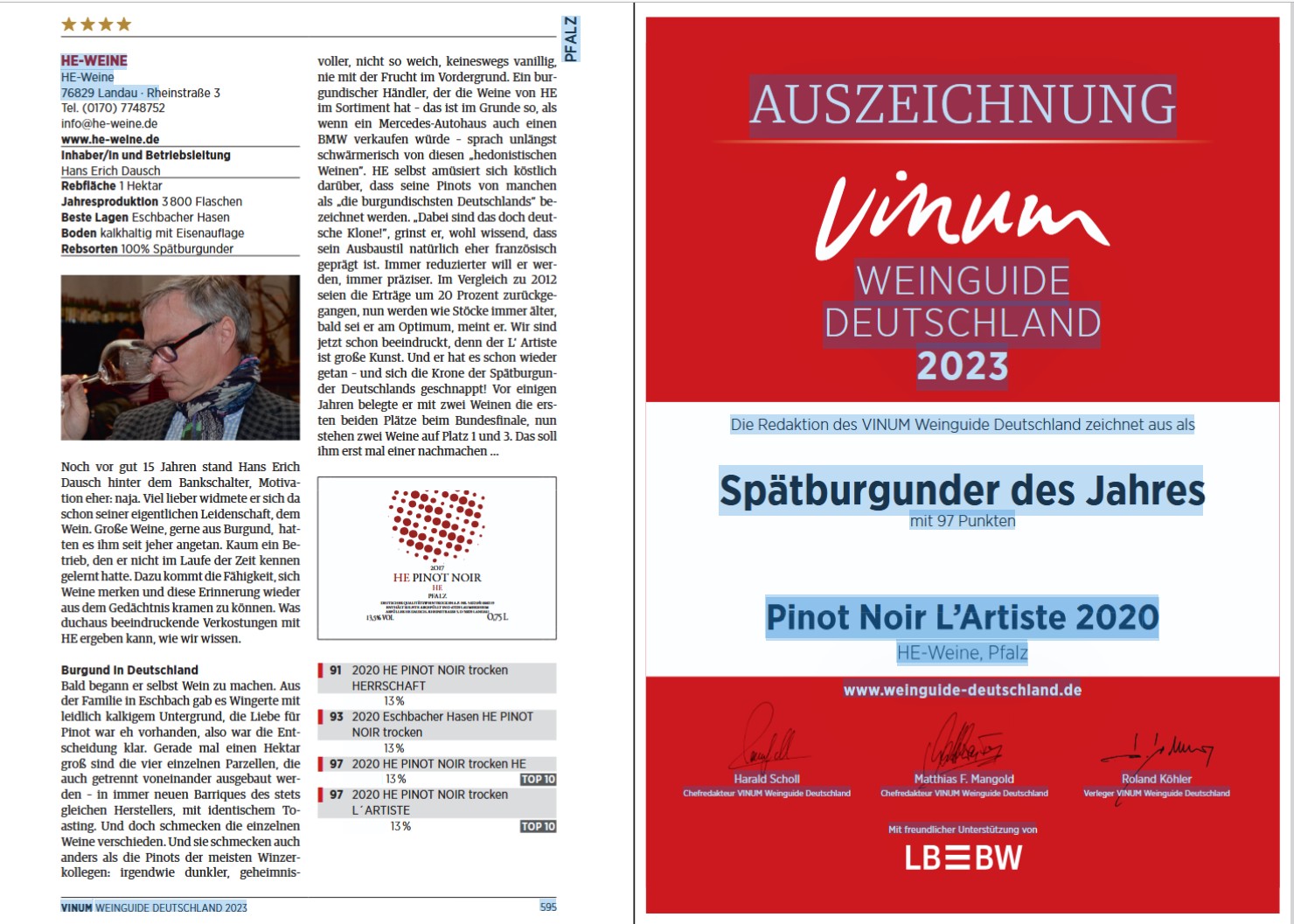 HE - Weine Hans Erich Dausch PINOT NOIR L' Artiste trocken 2020 MAGNUM 1500ml
