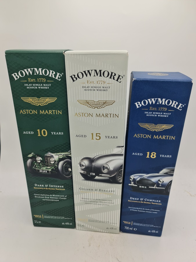 Bowmore Aston Martin Edition FULL SERIES of 3 bottles 18 15 10 Years Old 43% alc. by vol. 2500ml