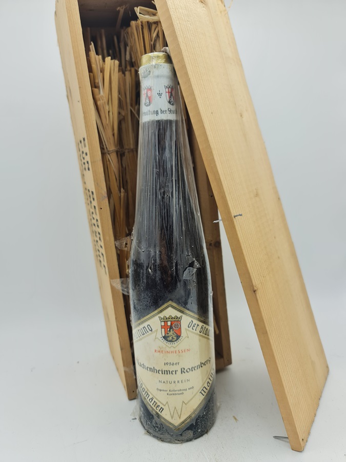 Staatliche Weinbaudomne Mainz - Nackenheimer Rothenberg naturrein 1956 'Bremer Ratskeller" mit original Holzkiste